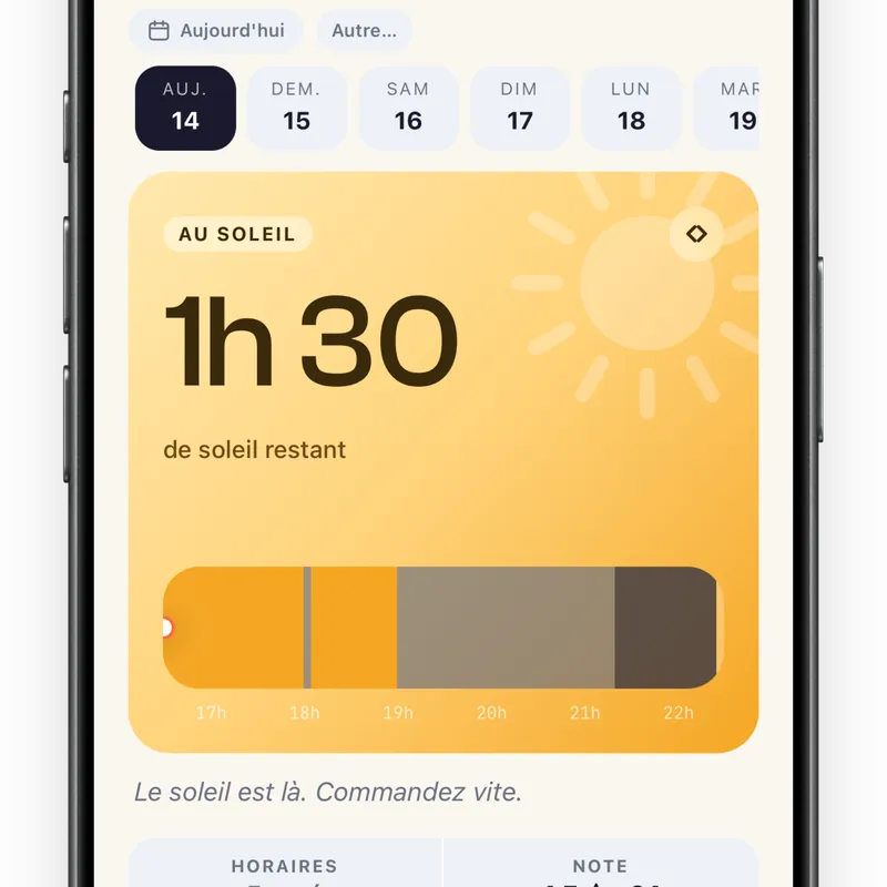 Aperçu de l'app Solaro : 1h 30 de soleil restant, avec une timeline de la journée.