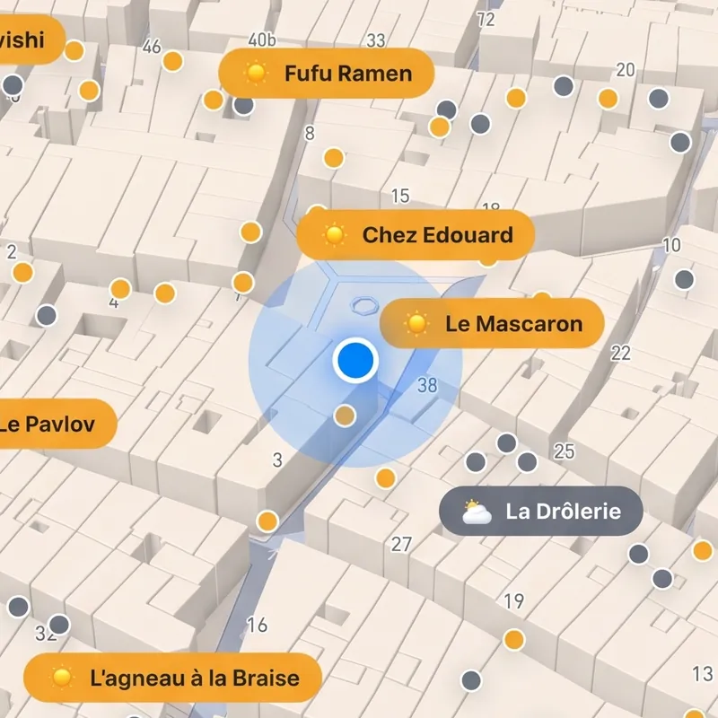 Carte Solaro : terrasses environnantes étiquetées au soleil ou à l'ombre.